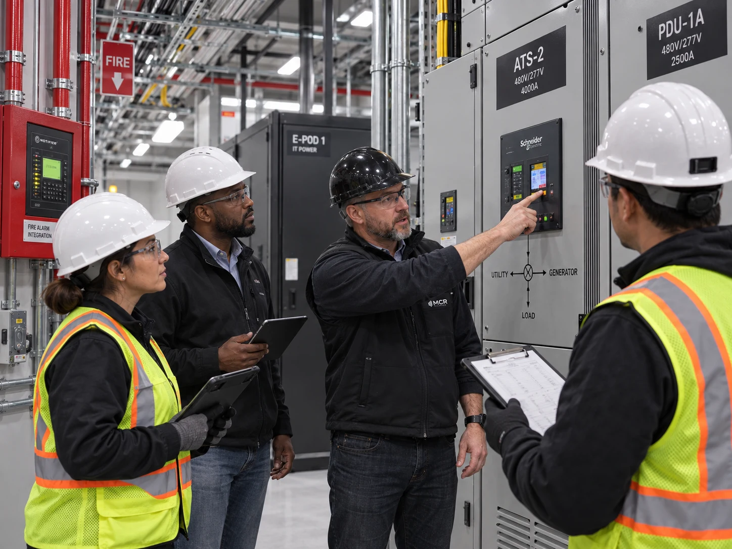 Critical power team inspecting ATS and PDU equipment